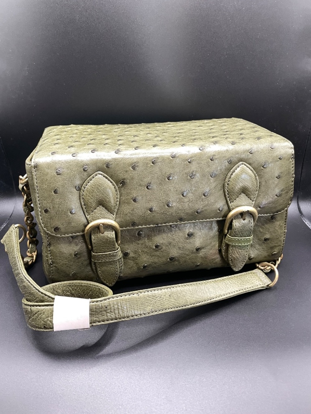 Vintage SMK Faux Ostrich Leather Olive Green Box Purse Handbag Cosmetic Case